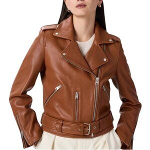 Quince 100% Sheep Leather Motorcycle Jacket Cognac Zipper Pockets & Belt Size L